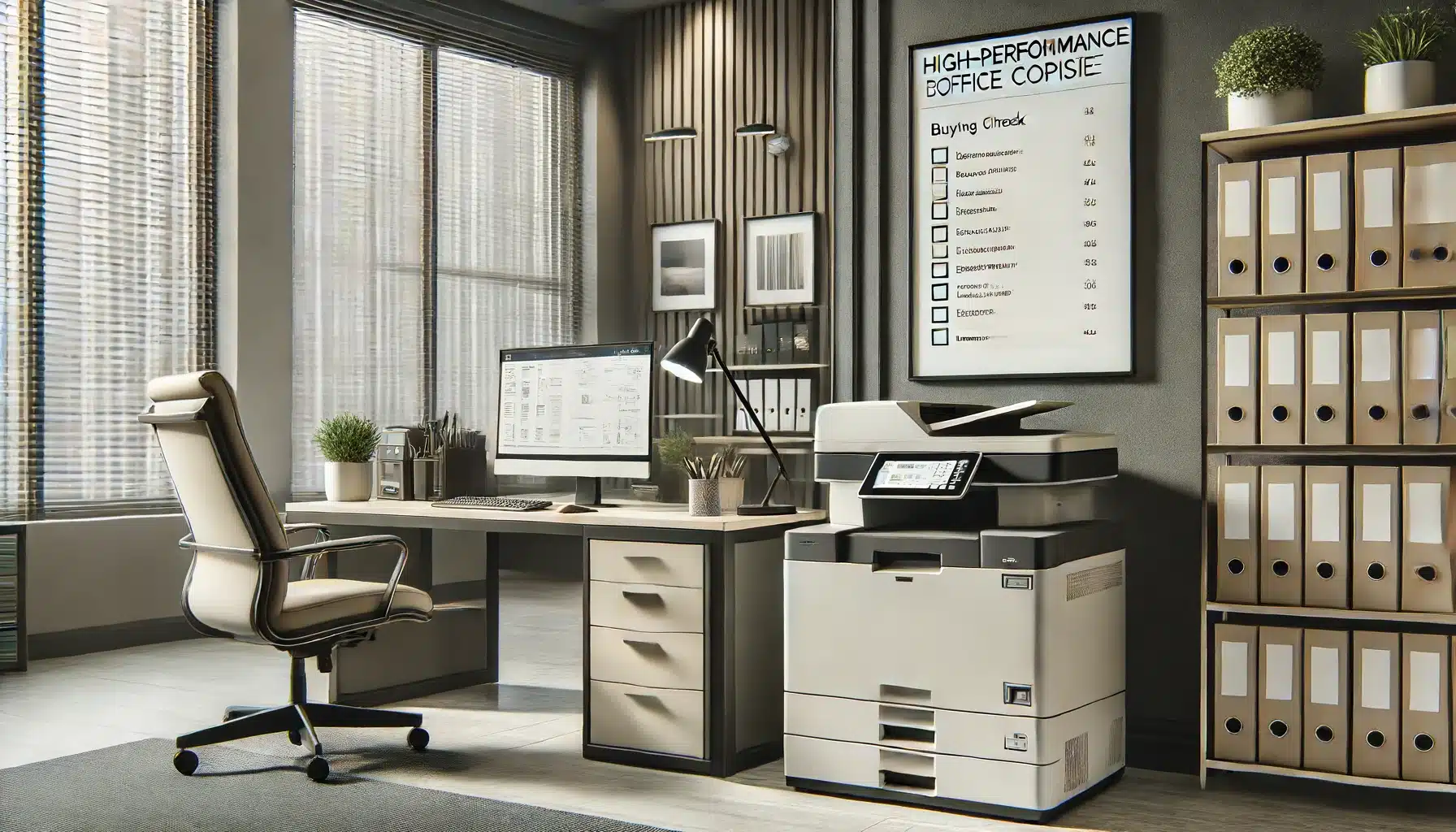 A modern office setup featuring a high-performance printer/copier on a sleek desk, accompanied by a checklist displayed on a computer screen.