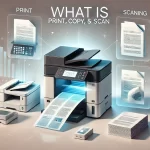 Multifunction printer showing print, copy, and scanning functions in an office environment.