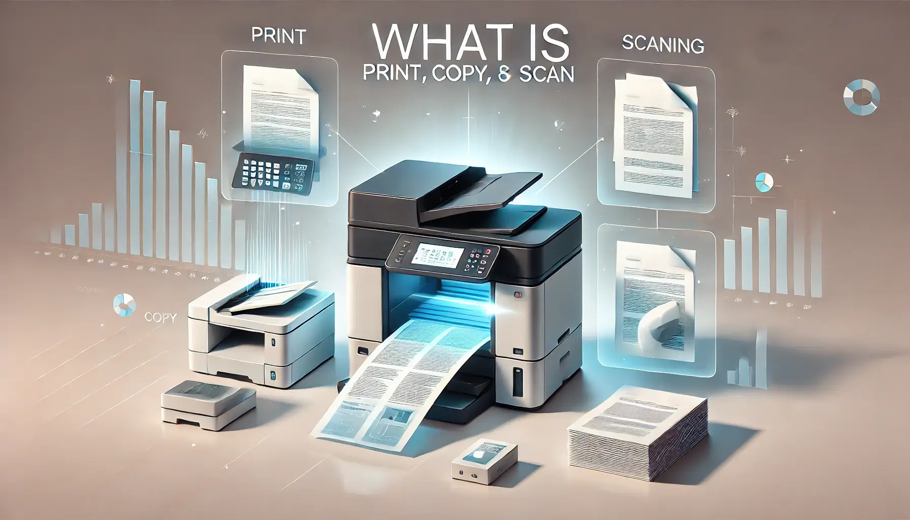 Multifunction printer showing print, copy, and scanning functions in an office environment.