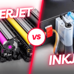 Side-by-side comparison of laser printers vs inkjet printers showing key differences in cost, speed, and print quality