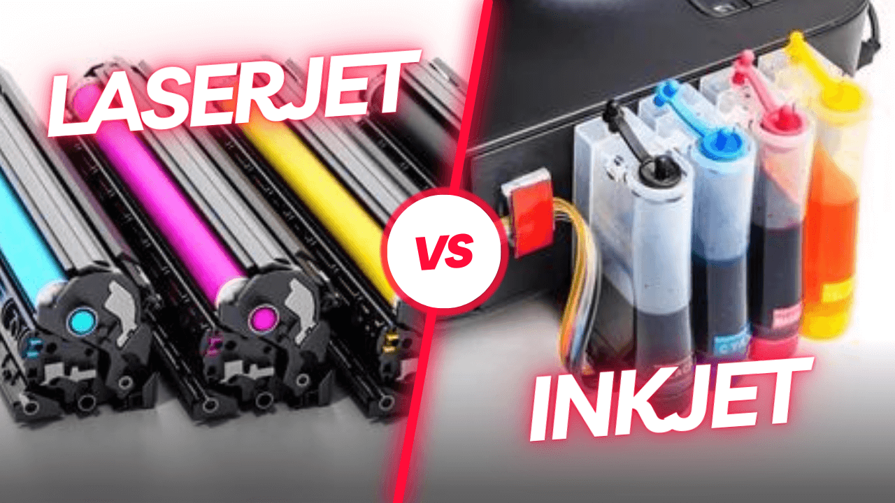 Side-by-side comparison of laser printers vs inkjet printers showing key differences in cost, speed, and print quality