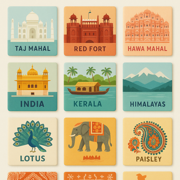 Complete set of 15 Indian-themed fridge magnets featuring landmarks, architecture, and cultural symbols