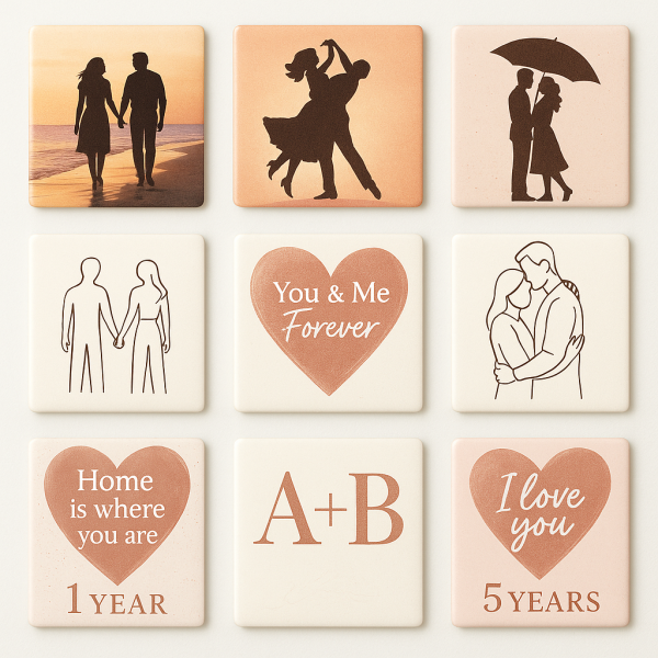 Complete set of 12 romantic couple fridge magnets featuring silhouettes, quotes, and personalized designs
