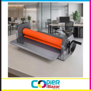 650mm cold lamination machine with orange roller on office desk - manual 25 inch laminator by Copier Bazar India