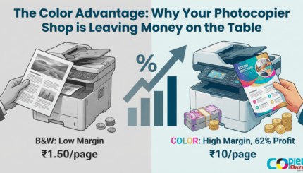 Color photocopier profit margin comparison showing revenue gap between color and black white printing services