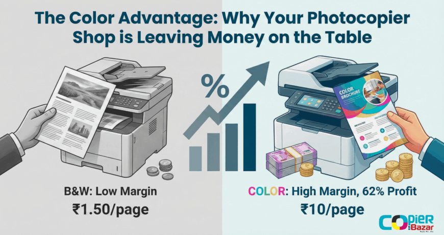 Color photocopier profit margin comparison showing revenue gap between color and black white printing services