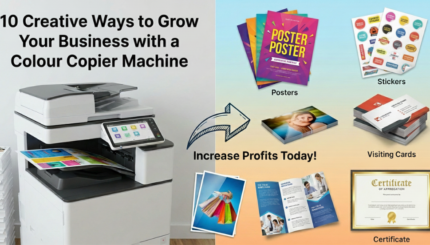 Colour copier machine printing posters visiting cards stickers and pamphlets for small business growth