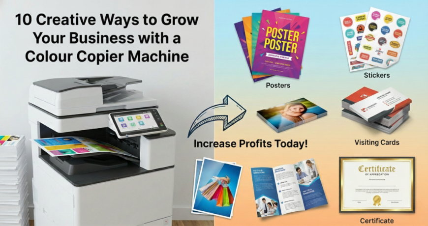 Colour copier machine printing posters visiting cards stickers and pamphlets for small business growth