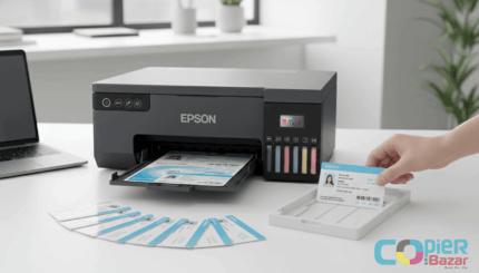 How to Print PVC ID Cards Using Epson L8050/L18050 - Complete Guide 1 Epson printer printing PVC ID cards with hand holding completed employee card showing photo and barcode, stack of printed cards on office desk