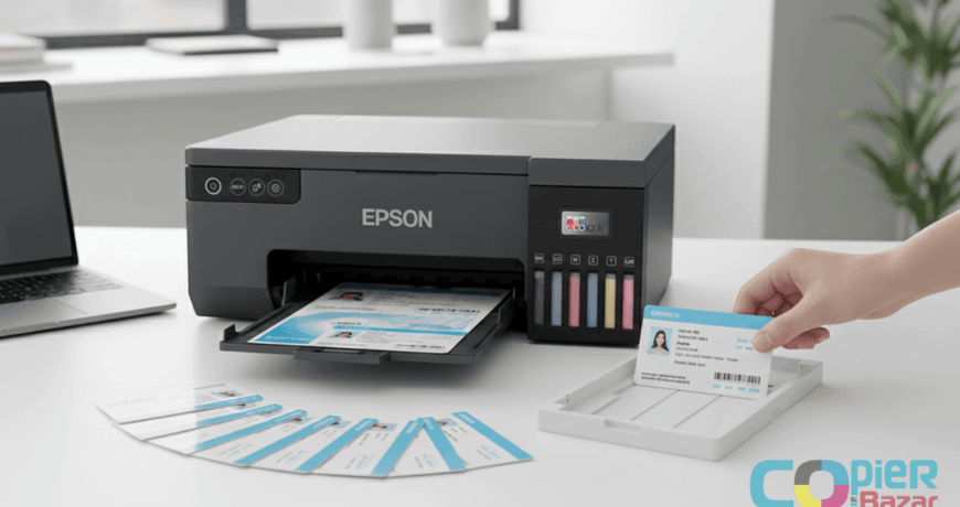 Epson printer printing PVC ID cards with hand holding completed employee card showing photo and barcode, stack of printed cards on office desk