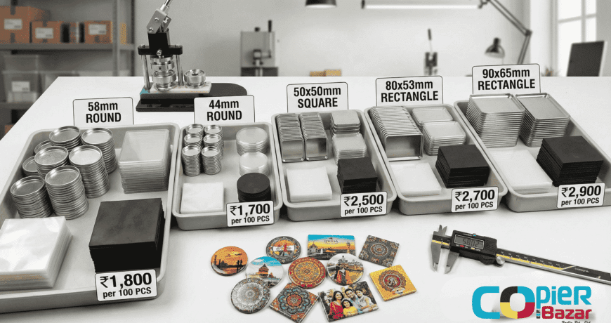 Fridge magnet raw materials in 5 sizes - 58mm, 44mm, 50x50mm, 80x53mm, 90x65mm with price tags ₹1,700-₹2,900 per 100 pieces