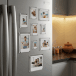 Polaroid acrylic fridge magnet frames in 2x3, 2.5x3.5, and 3x4 inch sizes displayed on refrigerator with family photos