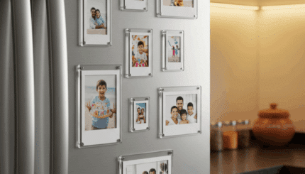 Polaroid acrylic fridge magnet frames in 2x3, 2.5x3.5, and 3x4 inch sizes displayed on refrigerator with family photos