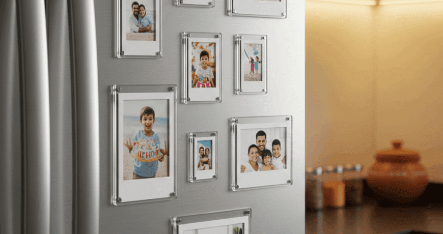 Polaroid acrylic fridge magnet frames in 2x3, 2.5x3.5, and 3x4 inch sizes displayed on refrigerator with family photos