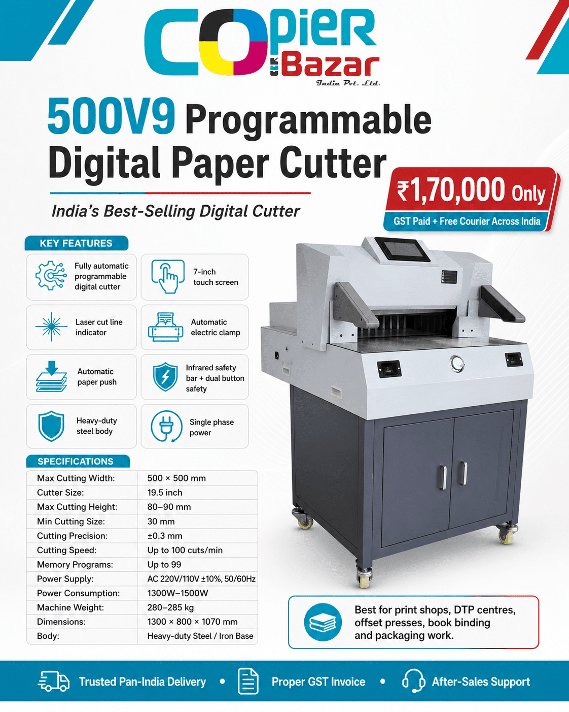 500V9 Paper Cutter fully automatic programmable digital paper cutting machine with 7-inch touch screen, 500mm cutting width and 90mm cutting height by CopierBazar India