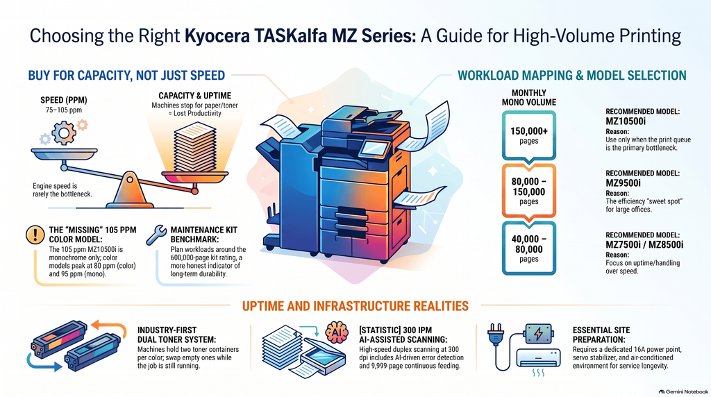 Kyocera's 105 ppm Series Is Landing in India: TASKalfa MZ10500i and MZ9500ci, Explained by a Dealer 1 High Volume Printer Selection Guide 2