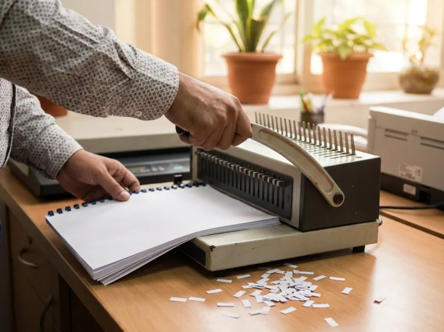 Hands operating a comb binding machine, punching A4 pages