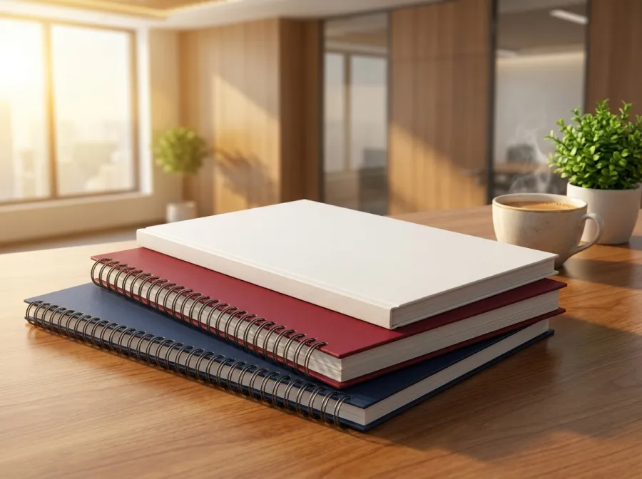 Stack of professionally bound reports on an office desk