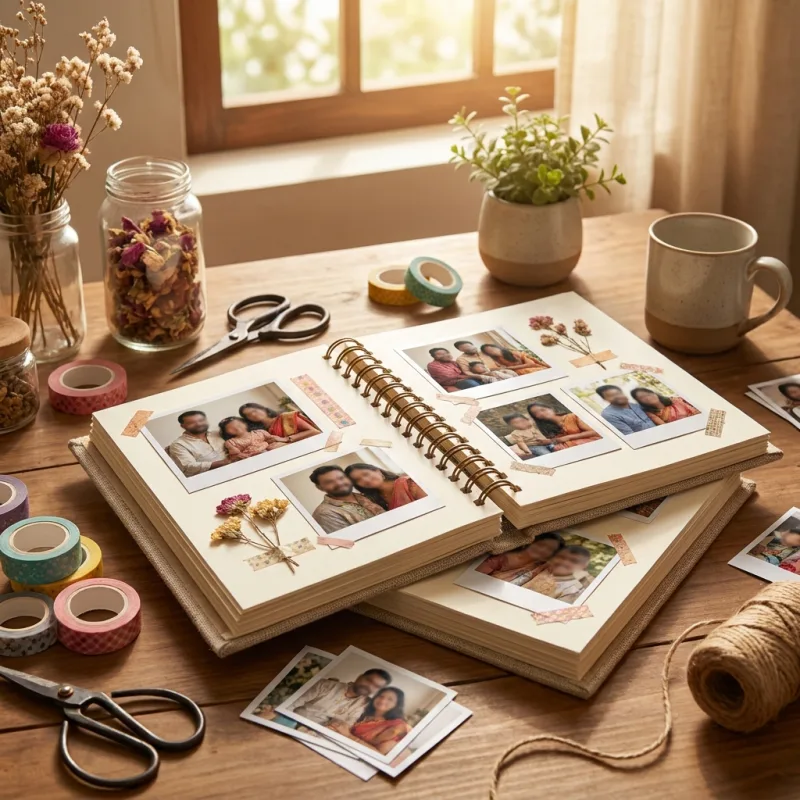 Handmade spiral-bound family photo album on a craft table