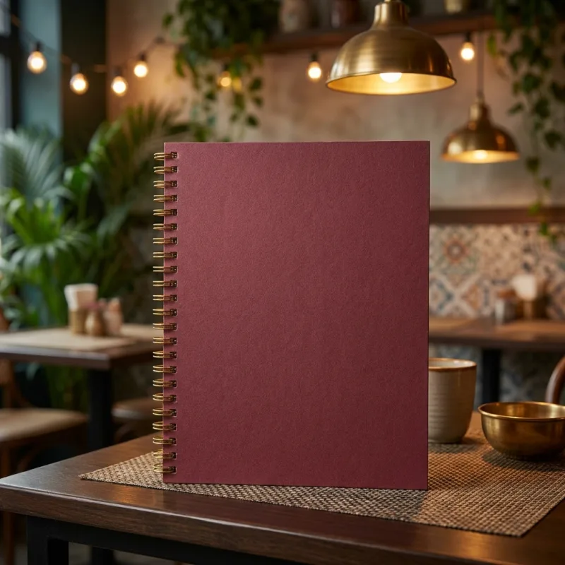 Spiral-bound restaurant menu on a cafe table